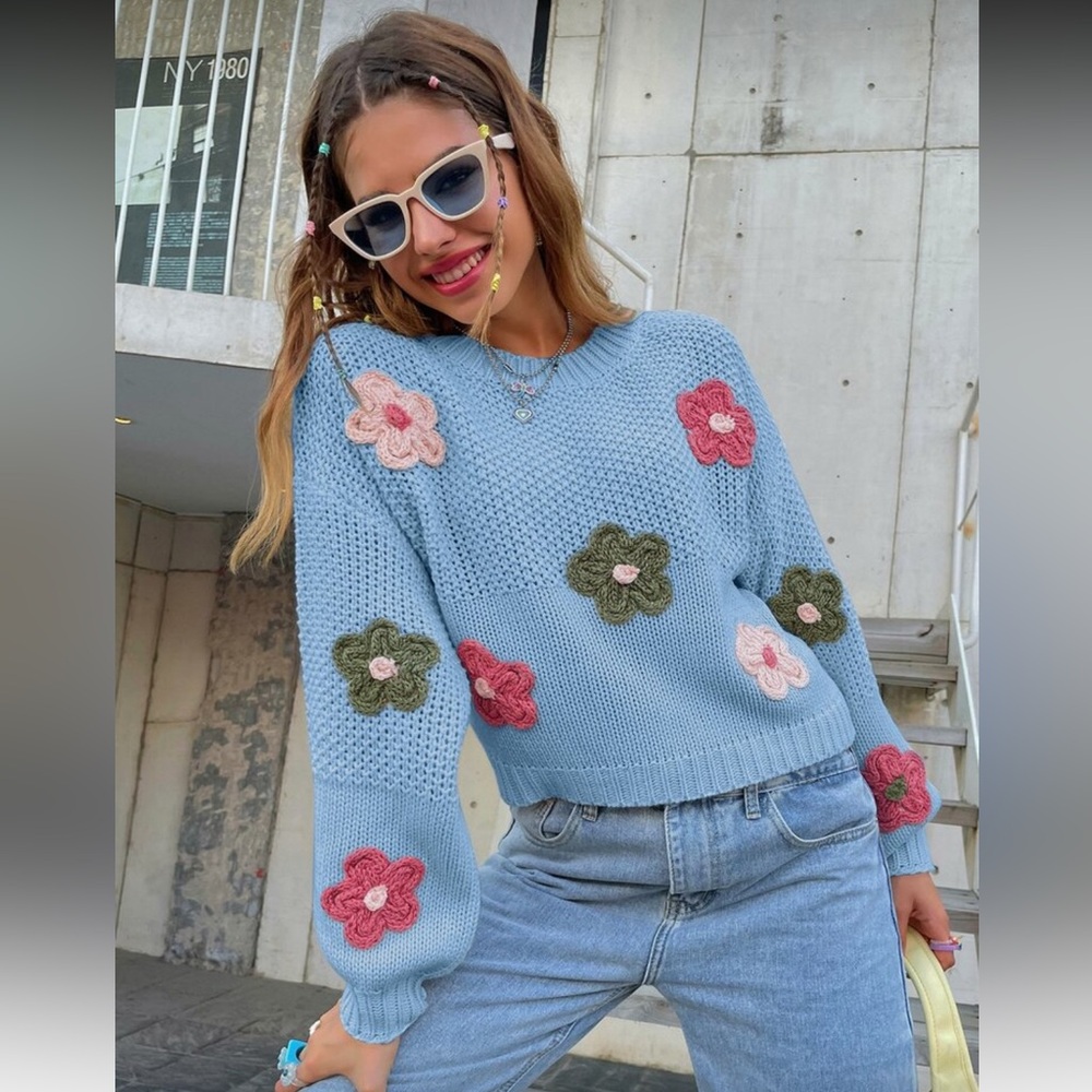 SHEIN Appliques Detail Lantern Sleeve Sweater